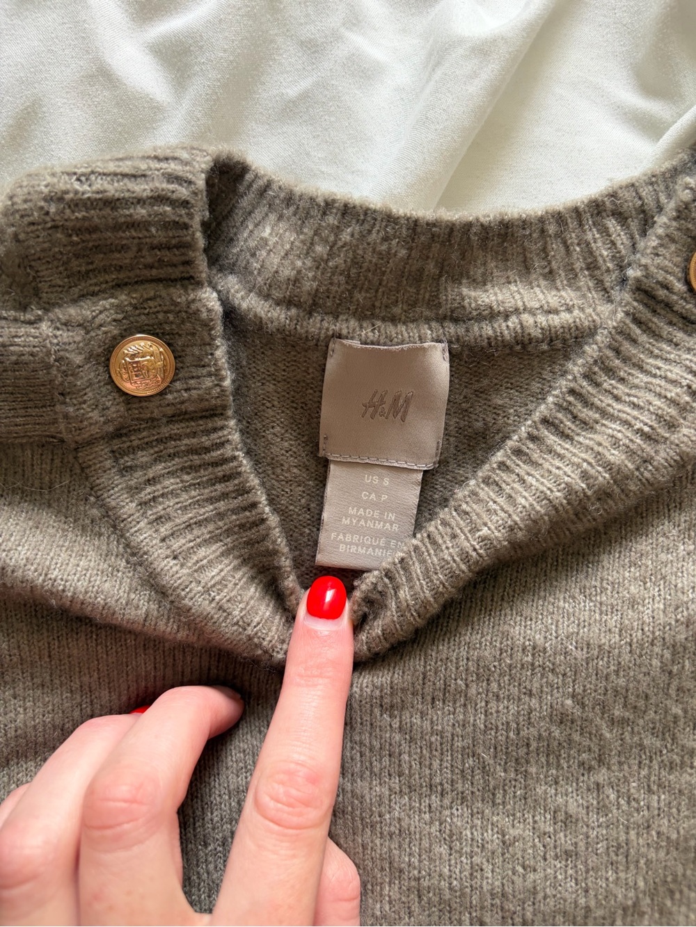 H&M Olive Ribbed Crew Sweater with Gold Buttons